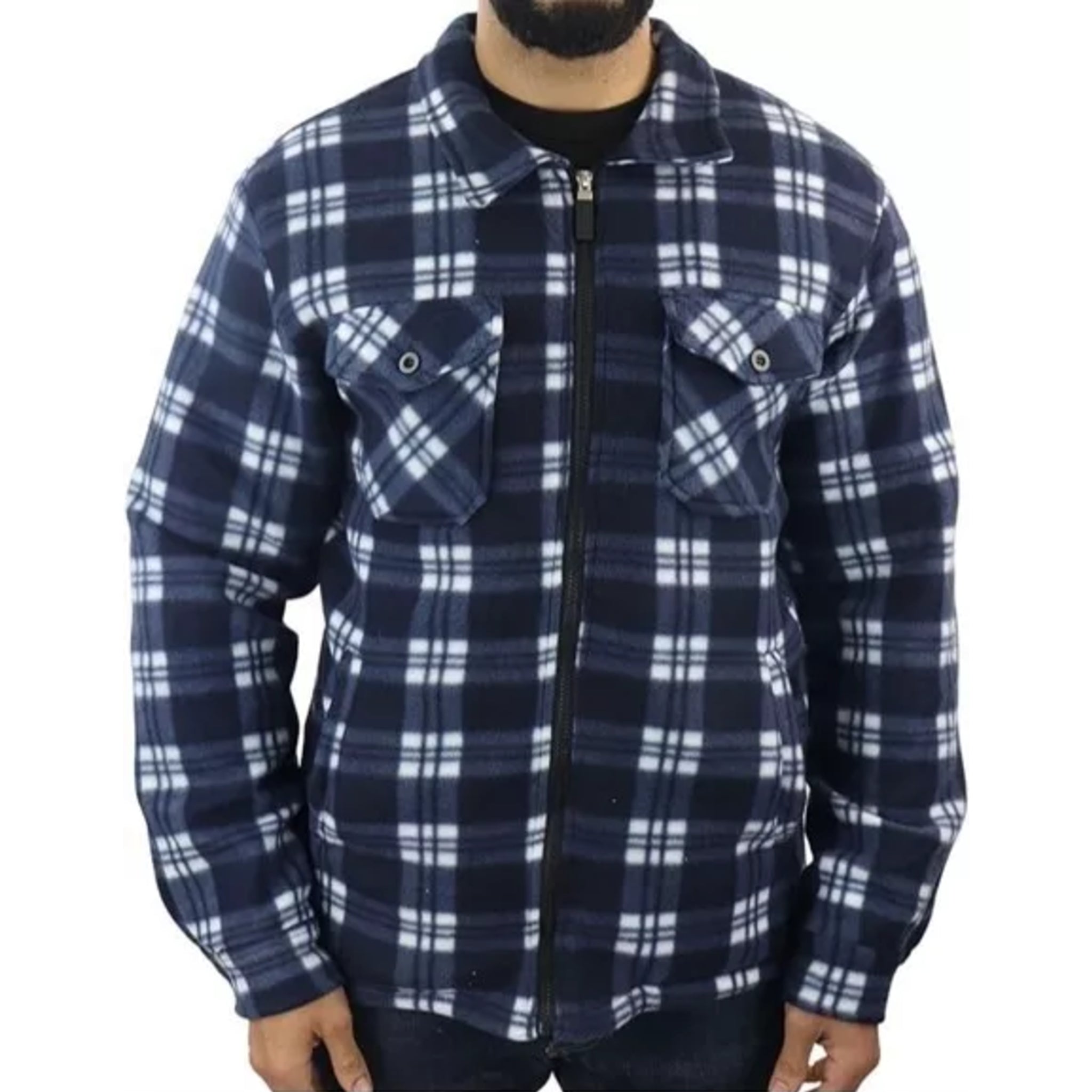 Men's zipped check fleece shirt in navy and white plaid pattern, warm long sleeve overshirt with chest pockets